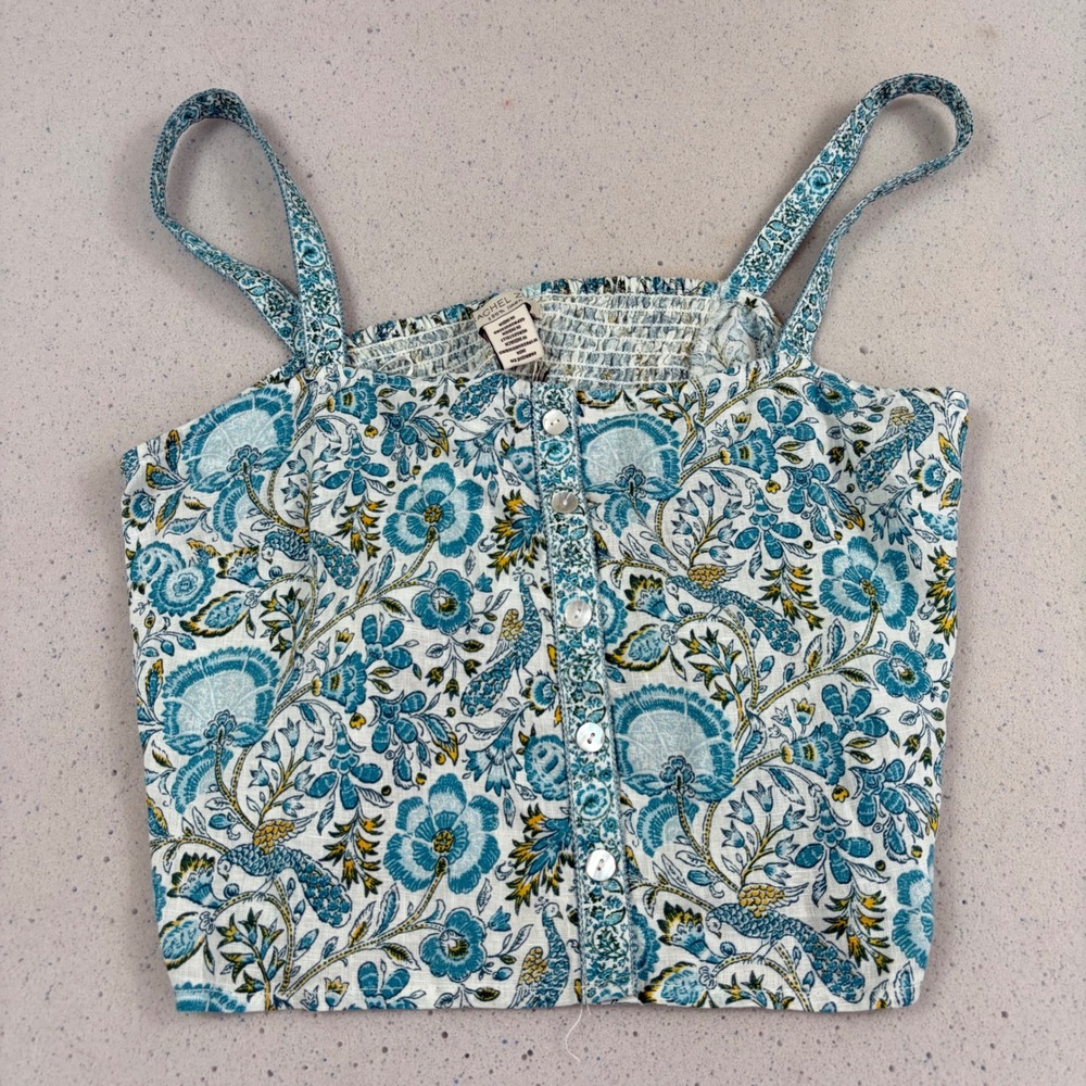 Rachel Zoe Womens Crop Top XL Blue Floral Linen Smocked Coastal Boho Cottagecore